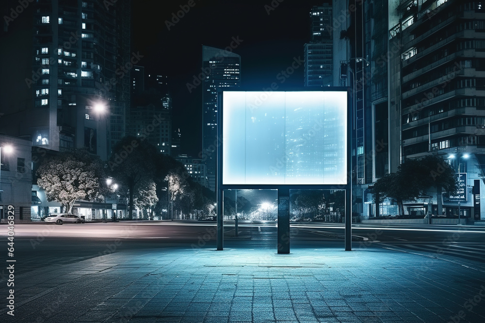 city billboard, empty text free space, fictional location, advertisement and billboard at night on a street in a big city with high-rise buildings - obrazy, fototapety, plakaty 