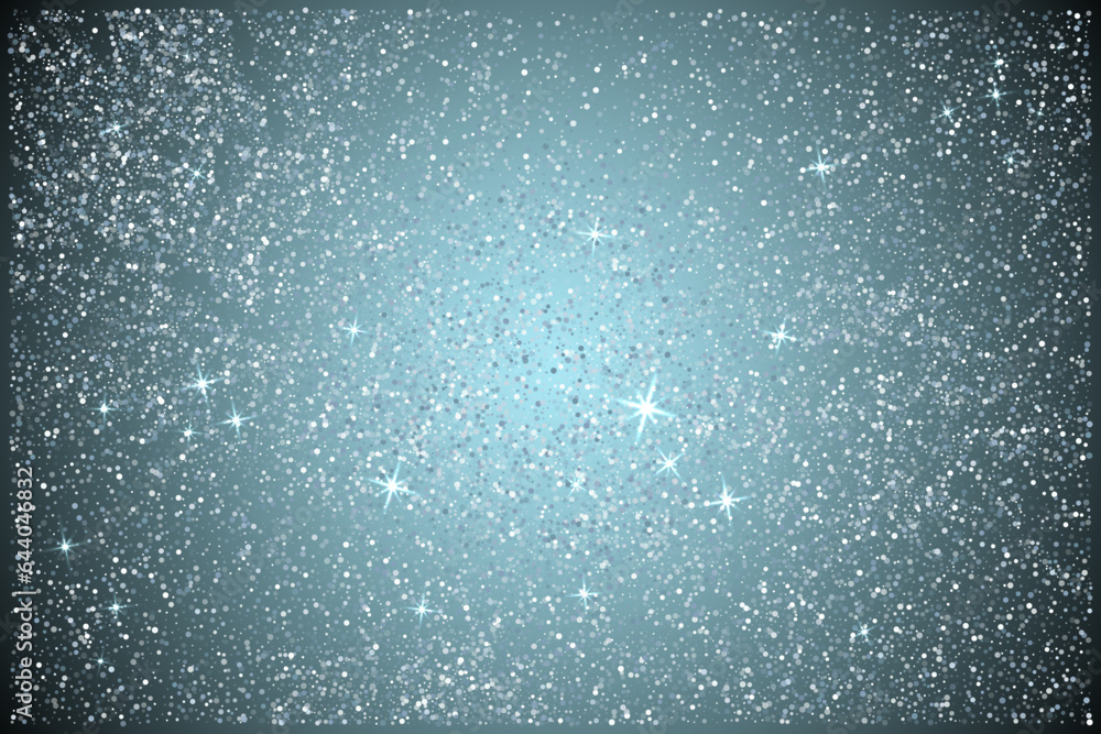 Turquoise silver glitter confetti dots scatter. Sparkling glitter, party tinsels shimmer, holiday lights background design, festive banner. Rich silver metallic teal lights.