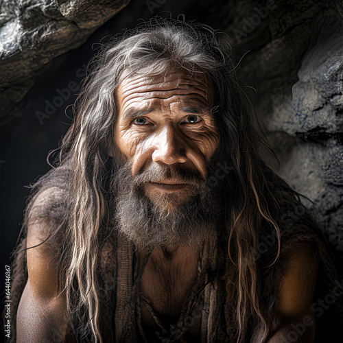 Portrait of a Neanderthal man looking at camera. Prehistoric man