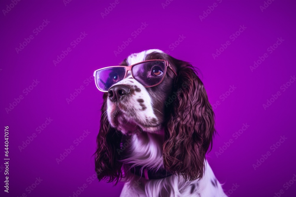 Close-up portrait photography of a cute english springer spaniel wearing a trendy sunglasses against a deep purple background. With generative AI technology