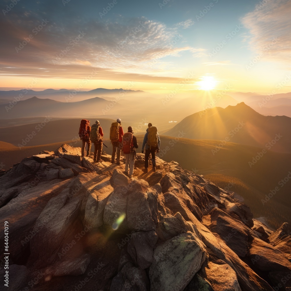 A group of hikers standing on a mountain peak, enjoying the breathtaking view. The essence of adventure and exploration. Generative AI.