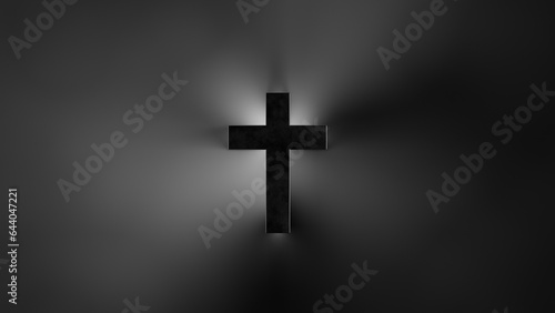 Centered sillouete Cross Sign on a cloudy misterious Dark Background. Christian religious concept photo