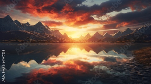 A painting of a sunset over a mountain lake © cac_tus