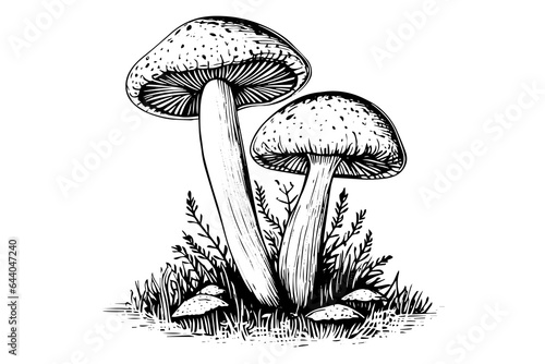 Forest mushrooms hand drawn ink sketch. Engraving vintage style vector illustration.