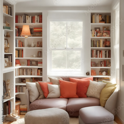 a cozy reading nook by a large window. The setting is a bright, airy room with natural light flooding in from a large window. © manof