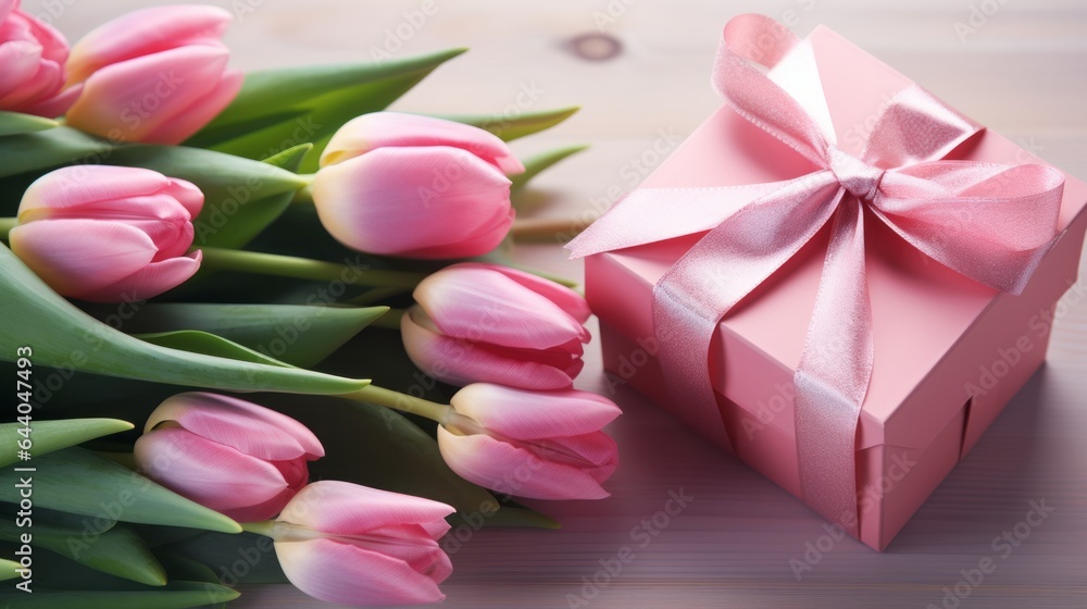 Fototapeta premium A pink gift box with a bow and pink tulips