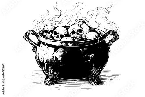 Boiling witch's cauldron hand drawn ink sketch. Engraving style vector illustration.