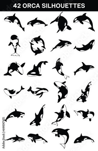 Set of orca whale silhouette. killer whale collection 