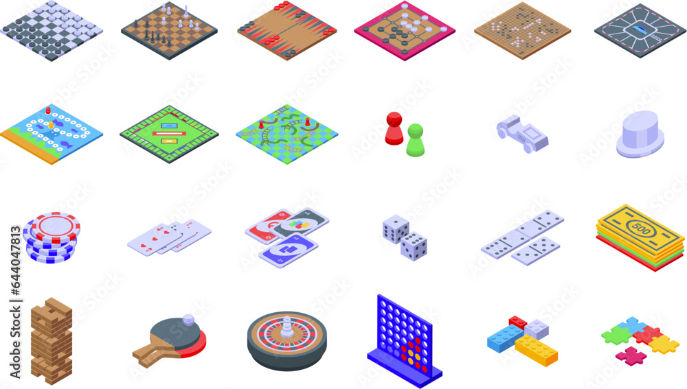 Playing board games icons set isometric vector. Play card. Family game