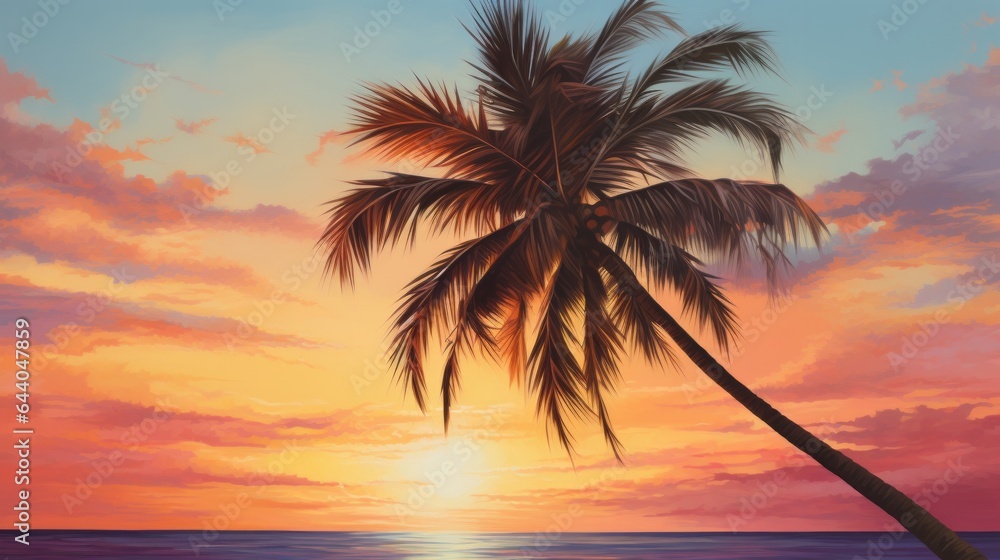 A painting of a palm tree at sunset