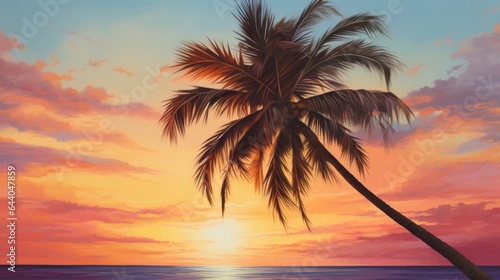 A painting of a palm tree at sunset © cac_tus