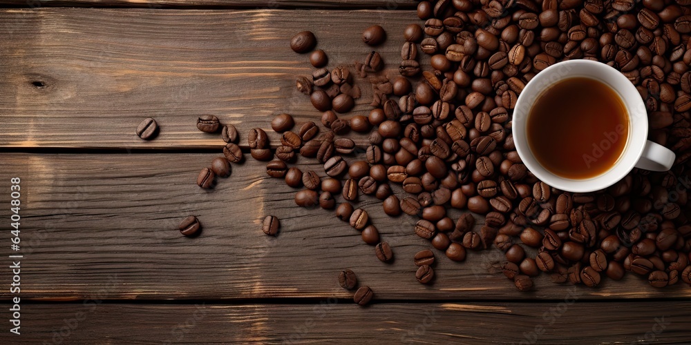 Coffe in cup on wooden table. Aromatic coffee beans. Wake up to freshness. Morning brew. Savory aromas in every cup. Perfect espresso shot. Savor flavor Coffe in cup on wooden table. Aromatic coffee beans. Wake up to freshness. Morning brew. Savory aromas in every cup. Perfect espresso shot. Savor flavor