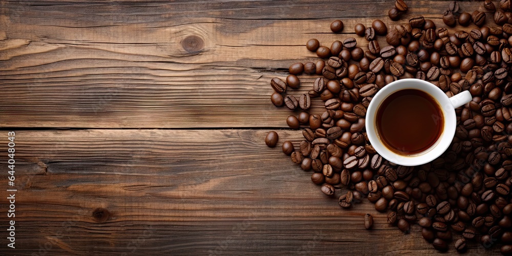 Coffe in cup on wooden table. Aromatic coffee beans. Wake up to freshness. Morning brew. Savory aromas in every cup. Perfect espresso shot. Savor flavor Coffe in cup on wooden table. Aromatic coffee beans. Wake up to freshness. Morning brew. Savory aromas in every cup. Perfect espresso shot. Savor flavor