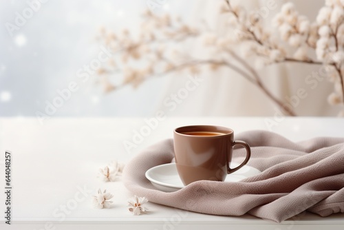A brown cup of coffee sits on a white saucer. There is a scarf nearby. Tree branches in the background. The concept of minimalism.