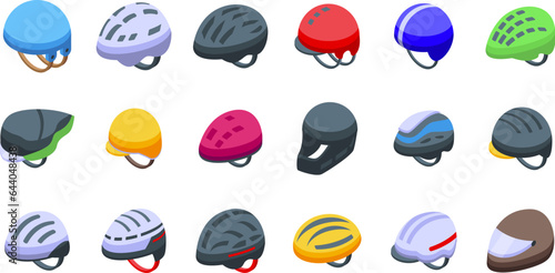 Bicycle Helmet icons set isometric vector. Vacation scooter. Kid pad