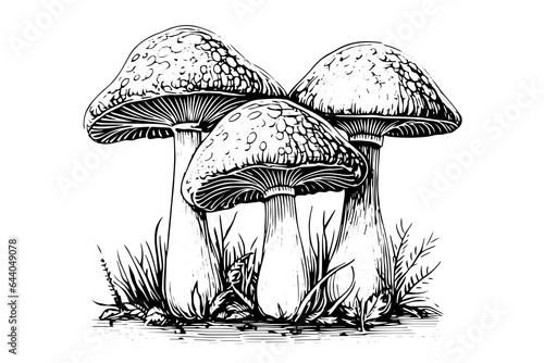 Fly agaric mushroom hand drawn sketch. Engraving vintage style vector illustration.