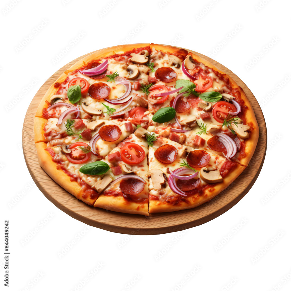 pizza on a wooden board isolated on transparent background