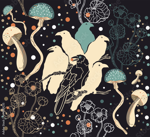 Quirky style, whimsy and gothic. Night forest, mushrooms, flock of crows, creepy places. Seamless pattern. Design for printing on textiles, paper, wrapping paper, packaging, wallpaper.