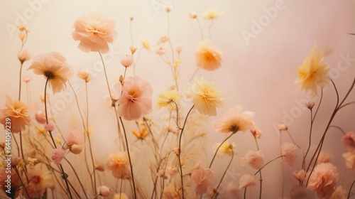 Blurred of peach fuzz flowers with bokeh soft blur in the pastel vintage retro tone for background. Valentine or wedding invitation card