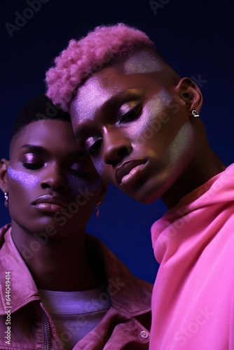 Fashion portrait of two men with pink hair and bright make-up