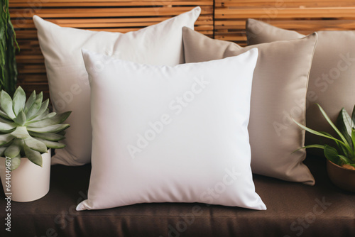 Blank white pillow on a modern sofa, pillow mockup