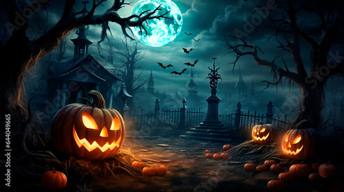 halloween field cemetery candle pumpkins fire castle moon © Ayrat