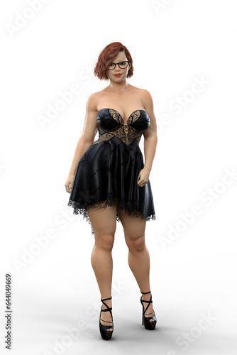 Full body portrait of a young cute curvy woman in sexy black dress and high heels. Isolated 3D illustration.