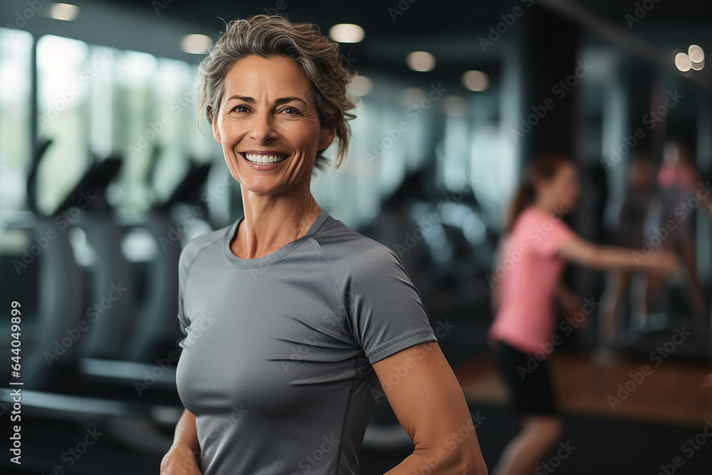Portrait of smiling mature woman looking at camera while standing in gym