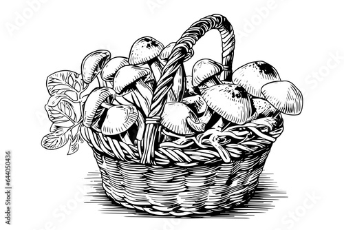 Basket full of mushrooms hand drawn ink sketch. Engraving vintage style vector illustration.