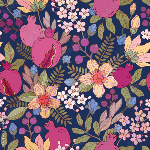 Pomegranate flowers pattern. Dark blue background
