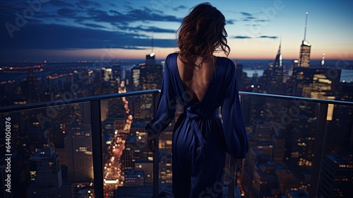 Fototapeta Naklejka Na Ścianę i Meble -  Model capturing urban chic in a jumpsuit, set atop a skyscraper with a city view