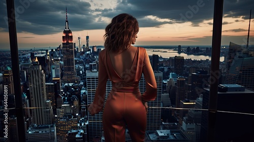 Model capturing urban chic in a jumpsuit, set atop a skyscraper with a city view photo