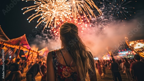 Model showcasing eclectic festival fashion, set amidst a vibrant festival crowd with fireworks