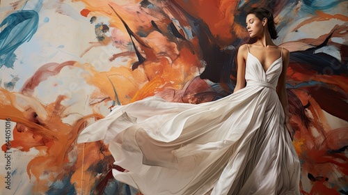 Model striking a dramatic pose in haute couture, set against an abstract painted background