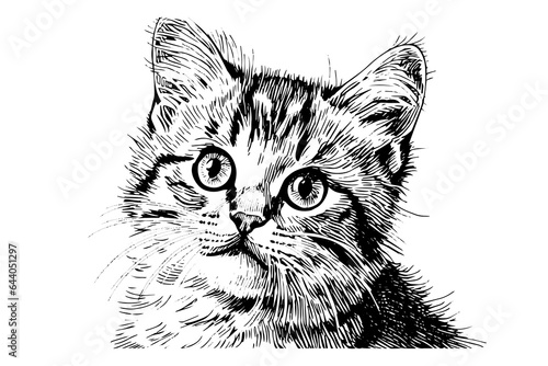 Cute cat portrait hand drawn ink sketch engraving vintage style.Vector illustration.