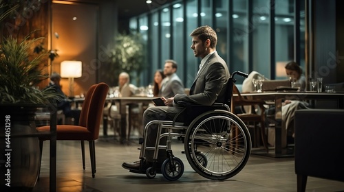 A disabled man is sitting in a wheelchair in the meeting