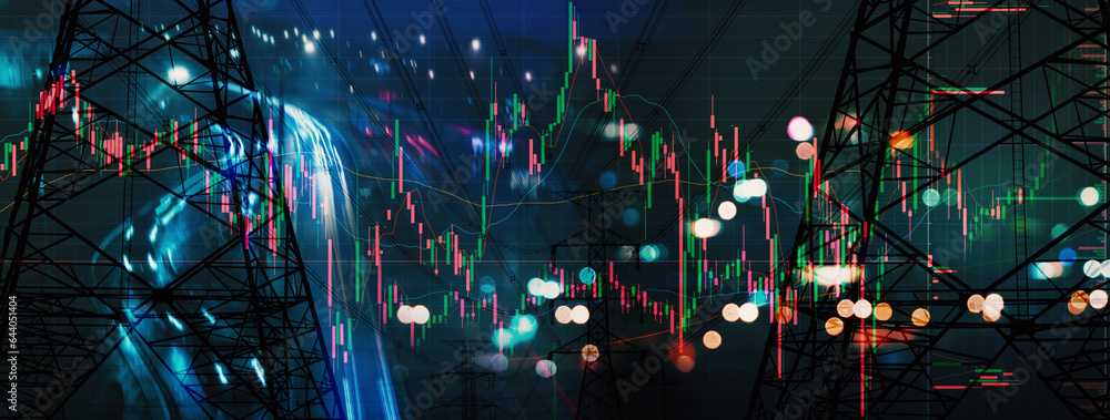 electric pole and wire with stock market business trading graph and index information for energy business banner background electric pole and wire with stock market business trading graph and index information for energy business banner background