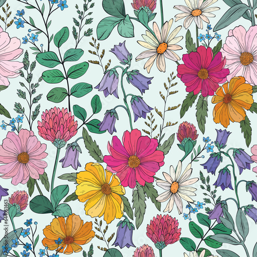 Seamless pattern of different wild herbs and flower