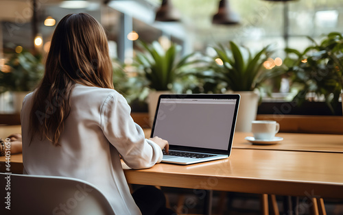 Mockup white screen laptop woman using computer remote work in coworking space