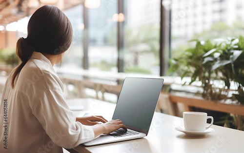 Remote work using laptop blank screen woman in cafe or coworking space