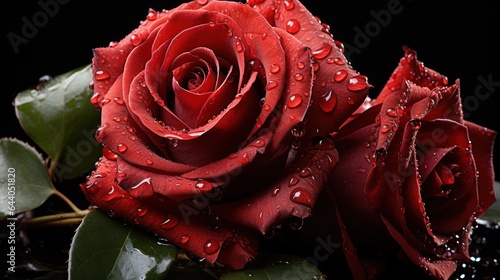 Red rose with water splash isolated on black background. Close up. Mother s day concept with a space for a text. Valentine day concept with a copy space.