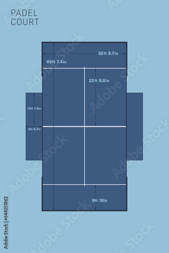 Graphic vector padel court with measurements in feet an inches