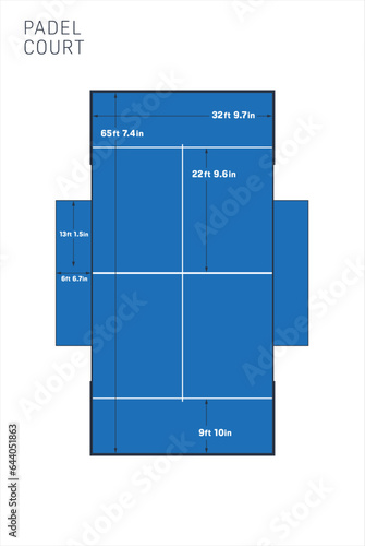 Graphic vector padel court with measurements in feet an inches