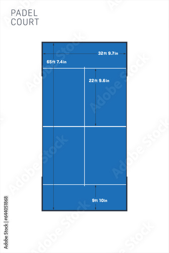 Graphic vector padel court with measurements in feet an inches