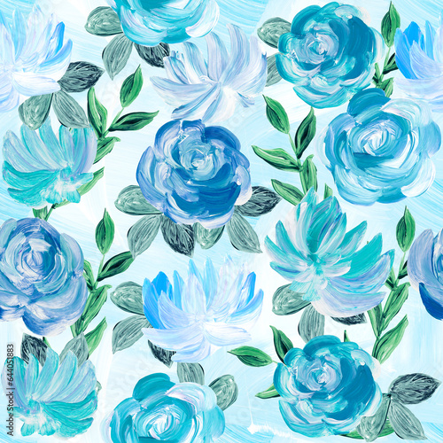 Seamless pattern of abstract painting blue flowers, original hand drawn, impressionism style, color texture, brush strokes of paint, art background. © Artlu