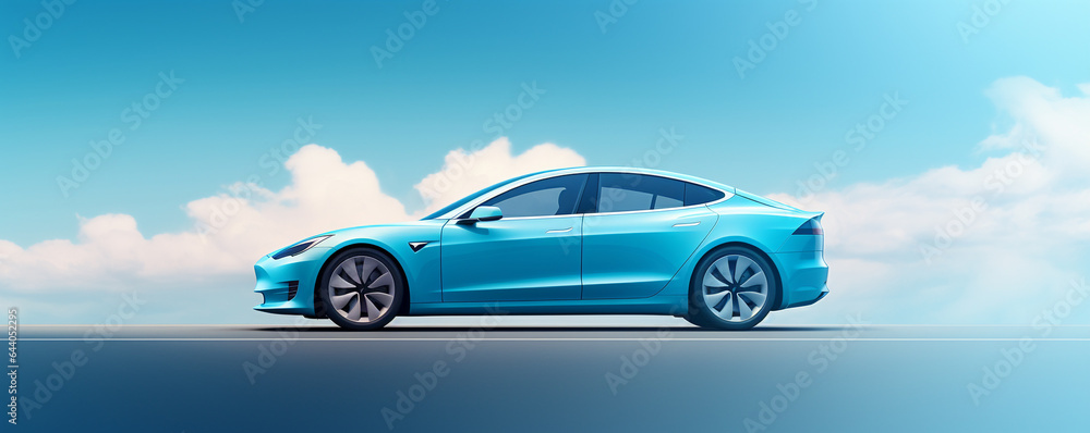 electric car on blue surface with clean cloud. green technology concept
