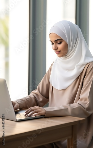 Young arab woman in hijab using laptop at home, remote work concept