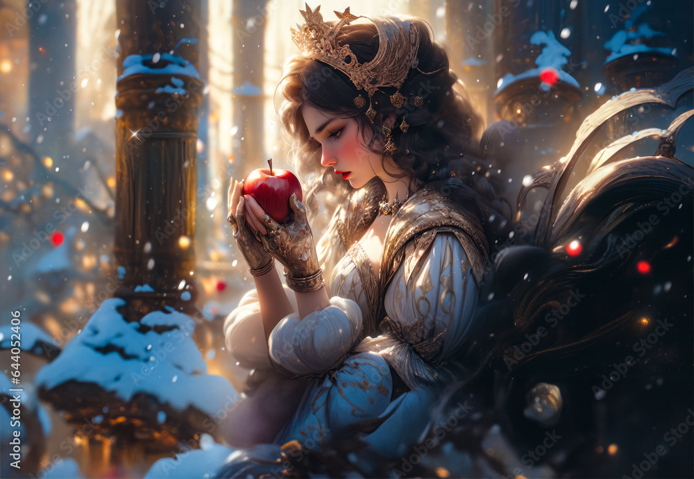 fairy tale cartoon snow white holding an apple in a snowy forest - obrazy, fototapety, plakaty 