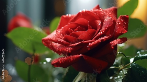 Beautiful red rose with water drops on black background  closeup. Mother s day concept with a space for a text. Valentine day concept with a copy space.