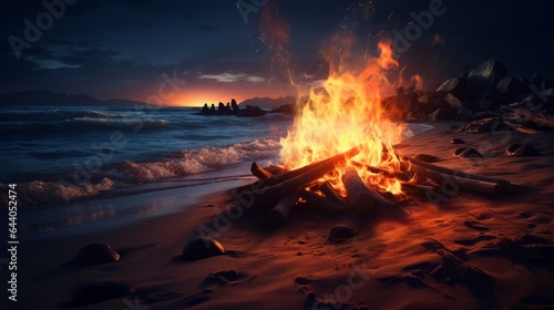 A bonfire on a beach at night time